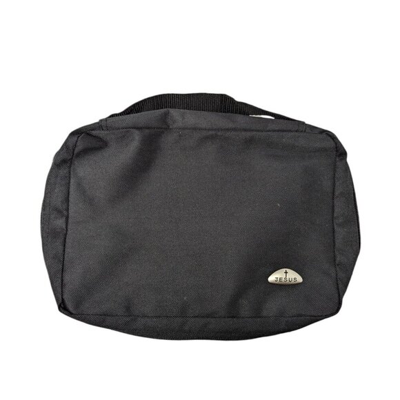 Black Canvas Jesus Fish Large Zipper Bible Cover Case Carry Bag - Picture 1 of 3